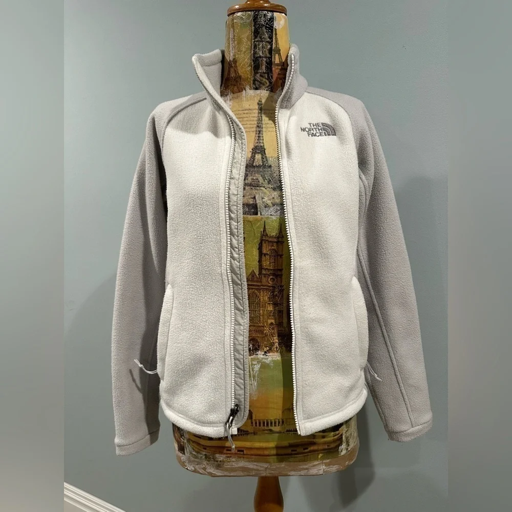 The North Face Womens Khumbu Fleece Jacket White Gray Pockets Toggle Elastic XS - Picture 2 of 8